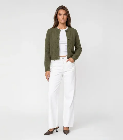 Urban Bliss Women's Light Khaki Knitted Cropped Cardigan
