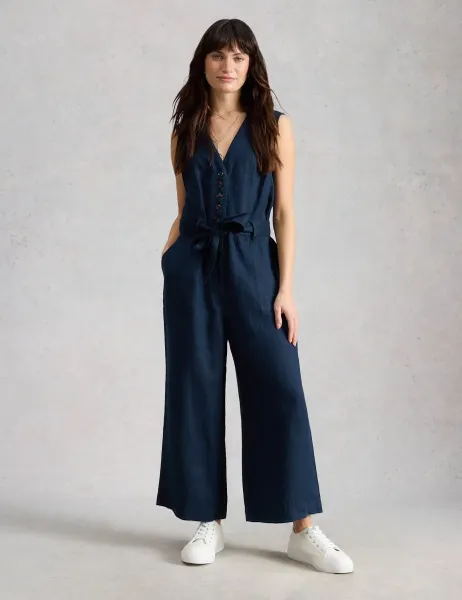 White Stuff Pure Linen V-Neck Cropped Jumpsuit Navy