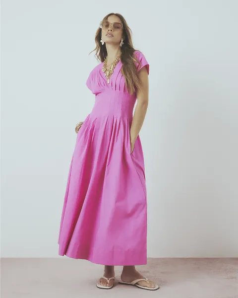 River Island Cotton Pleated Waist Midi Dress