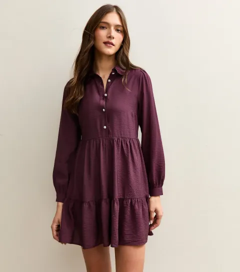 Women's Dark Burgundy Tiered Mini Shirt Dress
