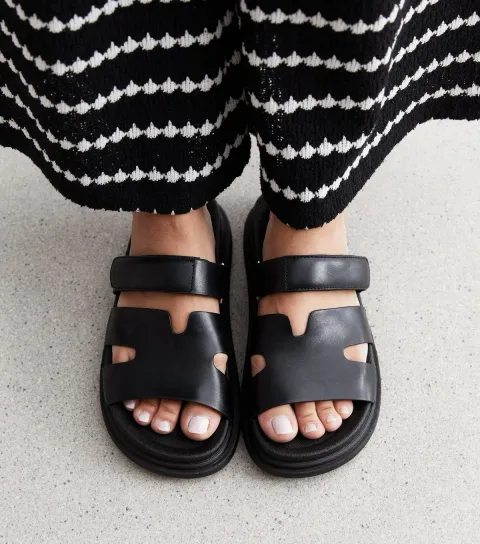 Women's Black Leather-Look Chunky Sliders Vegan
