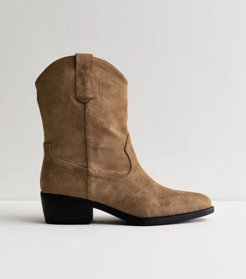 Women's Camel Faux Suede Mid Calf Western Boots Vegan