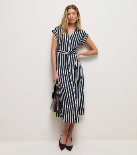 New Look Women's Tall Blue and White Stripe Short Sleeve Midi Dress