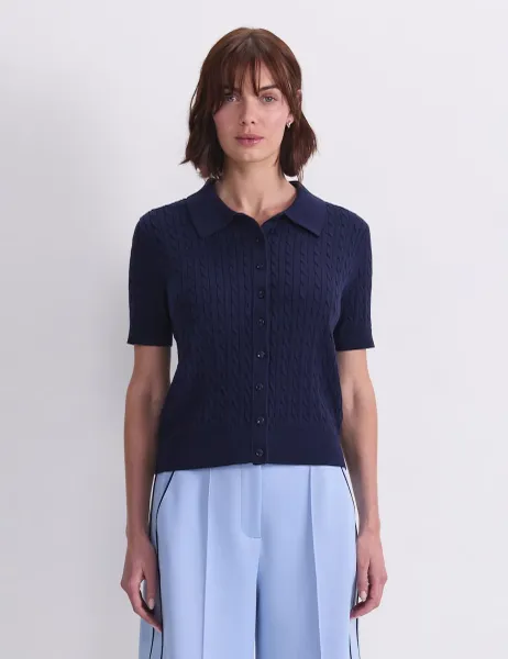 Pure Cotton Short Sleeve Cable Knitted Top Navy