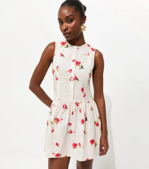 Women's White Rose Print Poplin Mini Dress