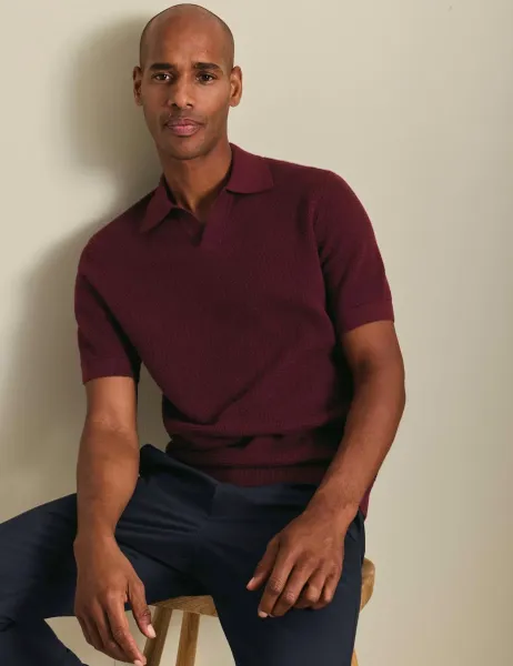 Charles Tyrwhitt Pure Cotton Textured Knitted Polo Shirt Burgundy