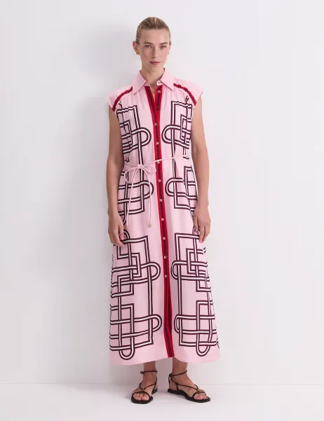 Sportscraft Printed Tie Waist Maxi Shirt Dress Pink Mix