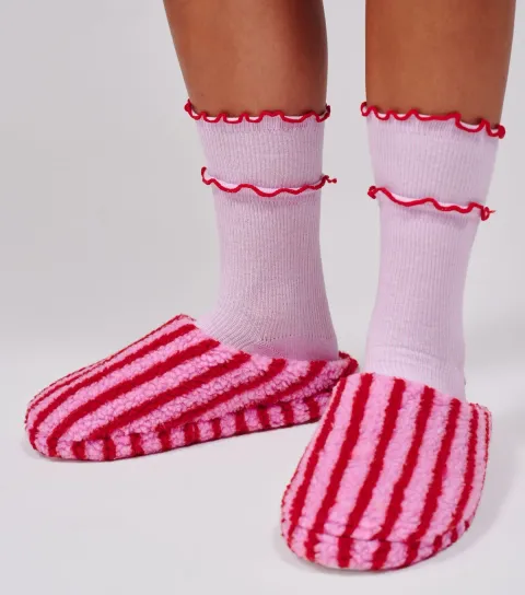Women's Pink Striped Borg Texture Slippers