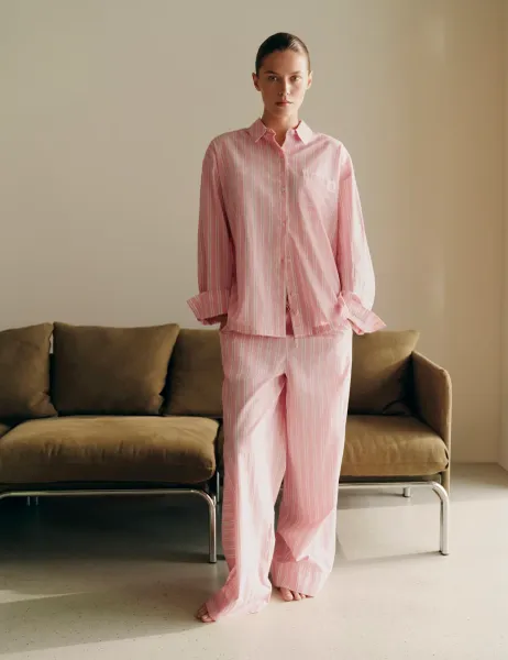 Marks & Spencer Pure Cotton Cambric Striped Pyjama Bottoms Pink Mix