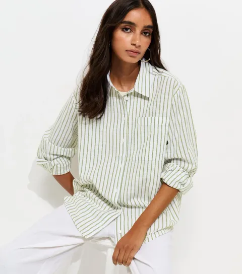 New Look Women's Green Striped Cotton Shirt