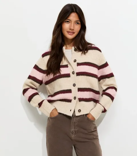 Women's Cream Knitted Contrast Stripe Cardigan