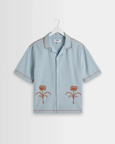 Keats - Light Blue and Rust Embroidered Short-Sleeve Shirt