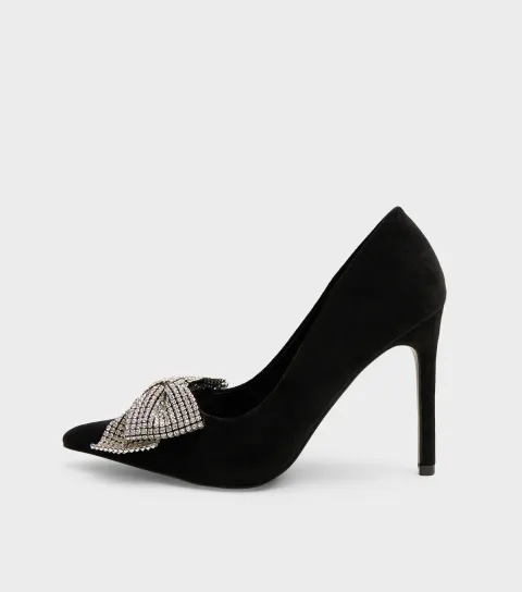 Women's Black Vermillion Faux Suede Embellished Bow Pumps