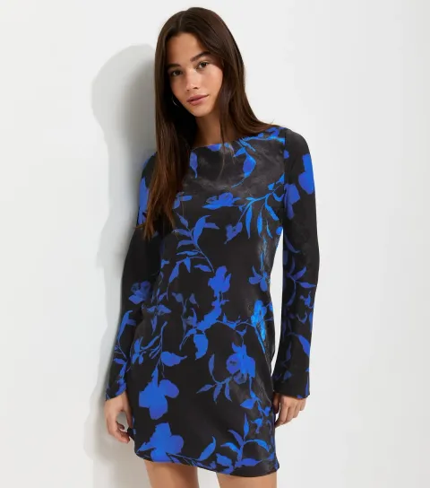 Women's Blue Floral Long Sleeve Mini Dress