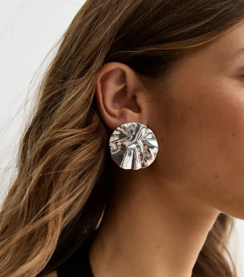 Silver Tone Large Beaten Circle Stud Earrings