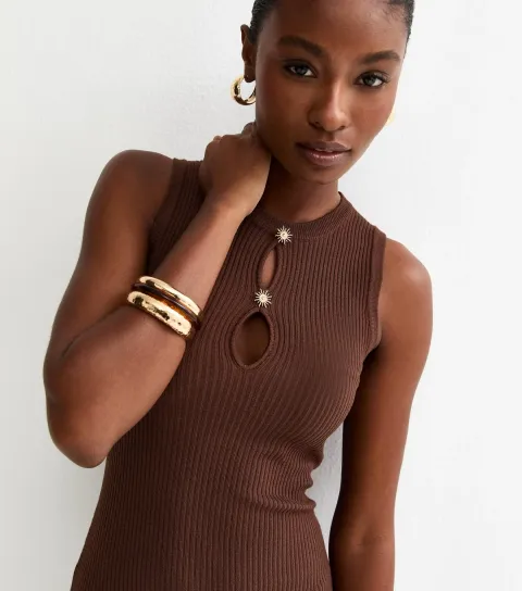 Women's Brown Ribbed Star Button Midi Dress