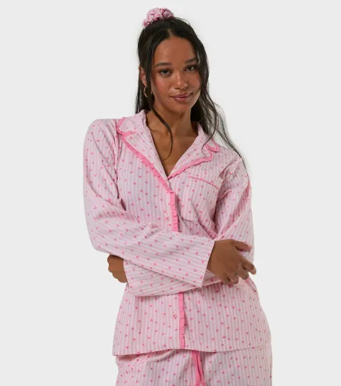 Skinnydip Women's Bright Pink Heart Print Shirt and Trousers Pyjama Set With A Scrunchie