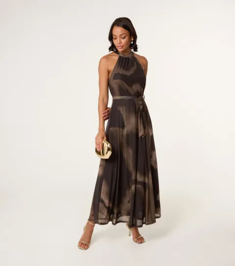 Women's Brown Printed Mesh Halterneck Midi Dress