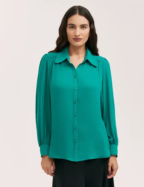 Finery London Collared Blouson Sleeve Shirt Green