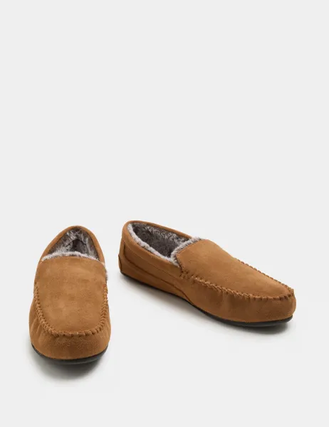 Marks & Spencer Suede Fleece Lined Moccasin Slippers Tan