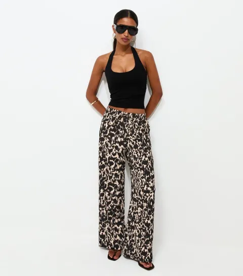 Women's Cream Leopard Print Crinkle Texture Wide Leg Trousers