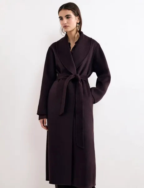 Wool Blend Shawl Collar Double Face Midi Coat Brown