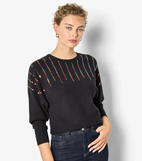 Women's Black Sequinned Batwing Jumper
