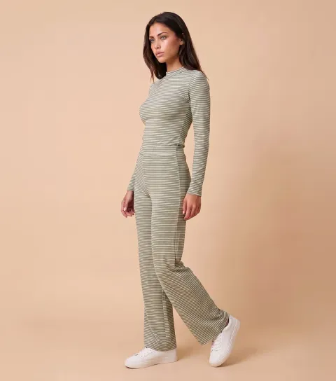 Women's Light Khaki Ribbed Long Sleeve Striped Top