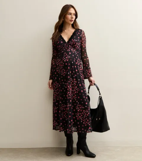 Women's Maternity Black Rose Long Sleeve Lace Mesh Midi Dress