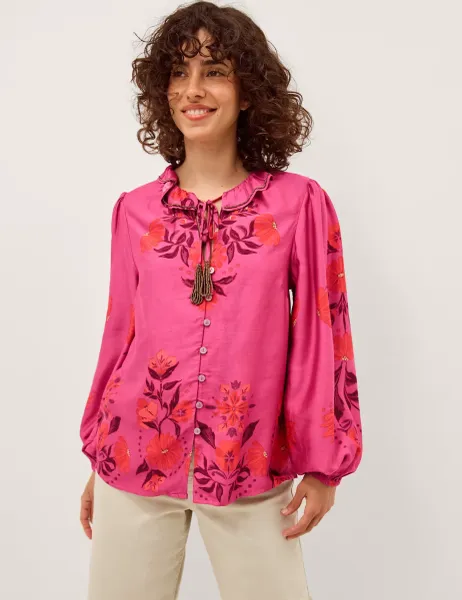 Floral Tie Neck Blouson Sleeve Blouse Pink Mix