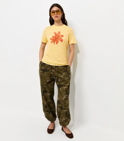Women's Light Yellow Cotton Tiger Lily Print Relaxed T-Shirt
