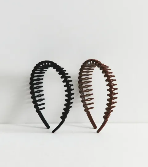 New Look Pack Of 2 Black and Brown Flocked Toothcomb Headband