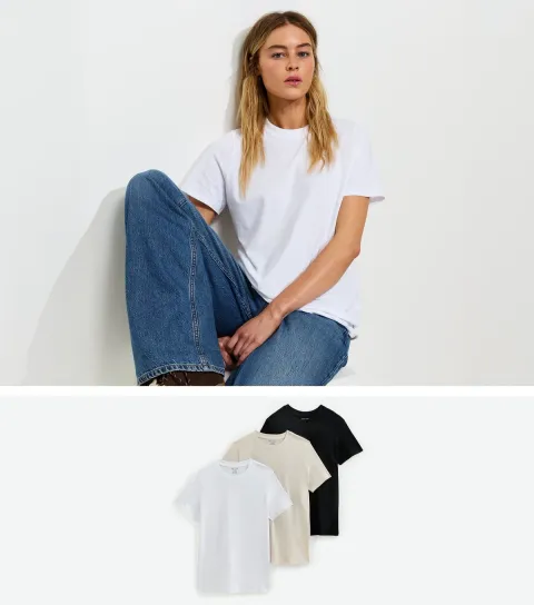 Women's Brown Cotton Pack of Three Relaxed Fit T-Shirts