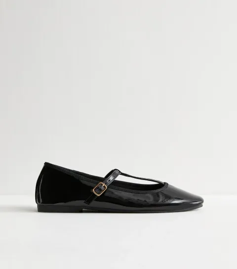 Women's Black Patent Faux Leather T Bar Mary Jane Flats Vegan