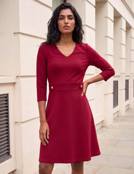 Roman V Neck Button Waist Stretch Dress Burgundy