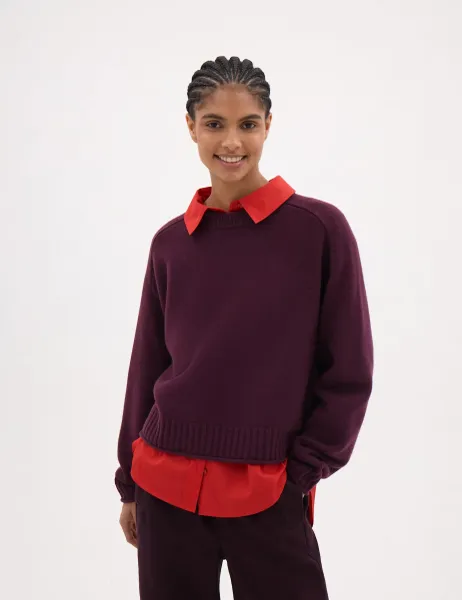 HUSH Crew Neck Long Sleeve Jumper With Wool Burgundy