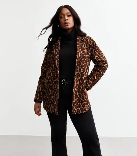 Women's Plus Size Brown Leopard Print Blazer Curves