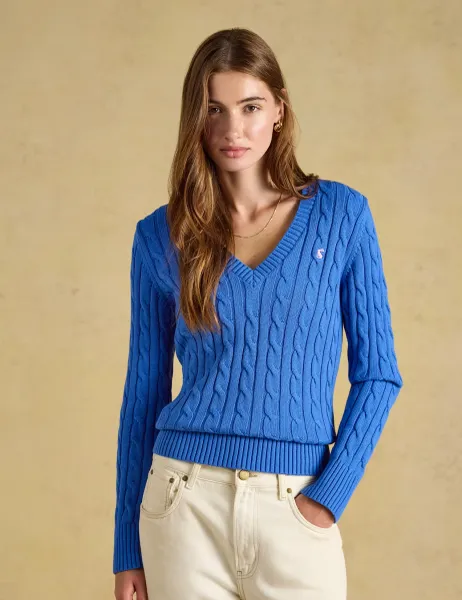 Joules Pure Cotton Cable Knit V Neck Jumper Blue