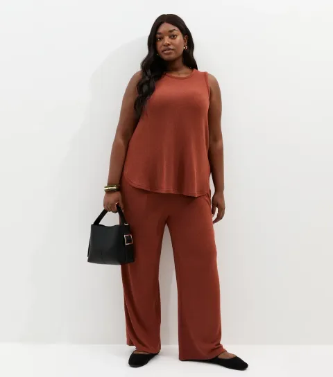 Women's Plus Size Dark Red Textured Wide Leg Trousers Curves
