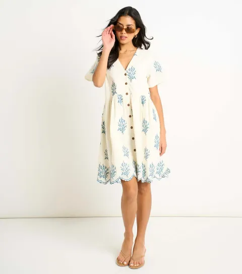 Women's Off White Floral Embroidered Smock Mini Dress