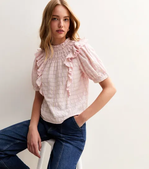 New Look Women's Pink Checked Frill Trim Top
