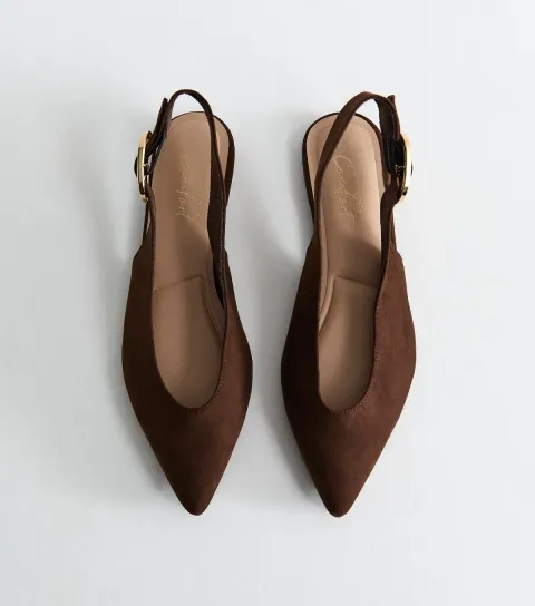 Women's Dark Brown Faux Suede Buckle Pointed Slingback Pumps Vegan