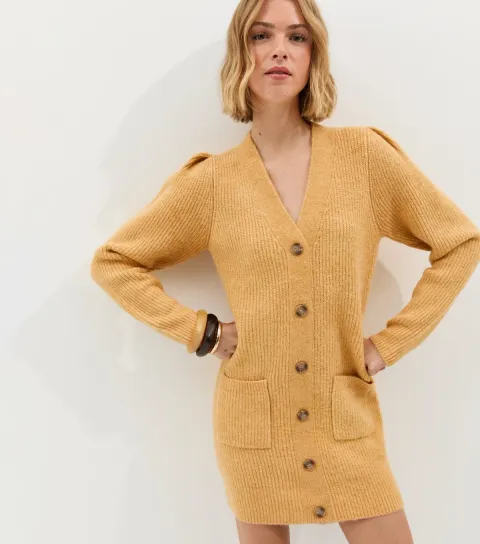Women's Light Yellow Stitchy Knit Button Front Mini Dress