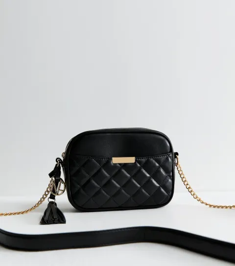 New Look Black Faux Leather Chevron Quilted Pocket Crossbody Bag