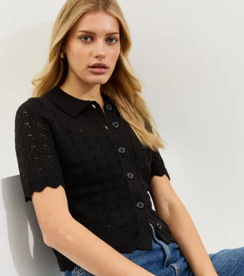 New Look Women's Black Cotton Rich Pointelle Button Up Short Sleeve Cardigan