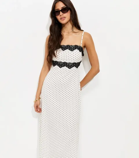Women's White Crinkled Polka Dot Lace Trim Strappy Midi Dress