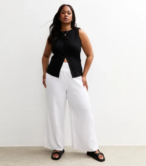 Women's Plus Size White Shirred Waist Wide Leg Trousers Curves