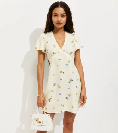 Women's Petite Cream Ditsy Floral Lace Trim Mini Dress
