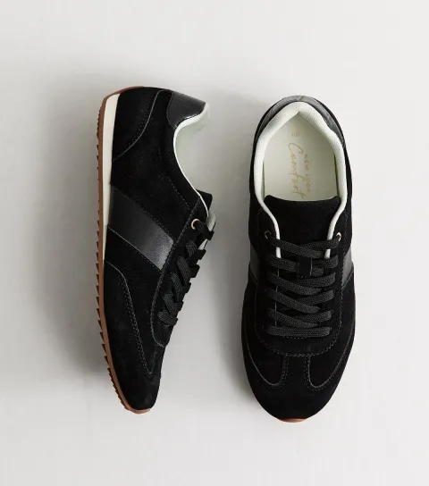 New Look Women's Black Faux Brushed Leather Side Stripe Trainers Vegan