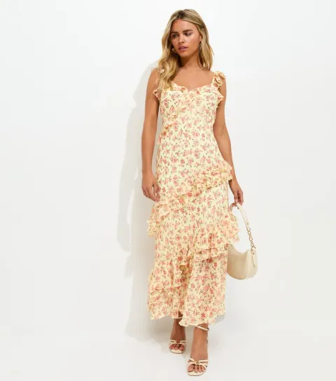 Women's Petite Yellow Floral Print Ruffle Trim Maxi Dress